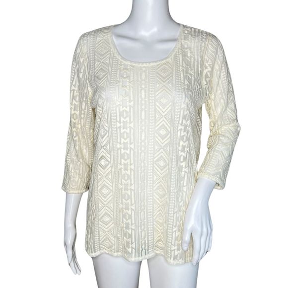 Eddie Bauer Shirt Women Small Cream‎ Sheer Lace Top Embroidered Mesh Feminine - Picture 1 of 8